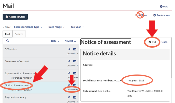 how to save NOA in CRA