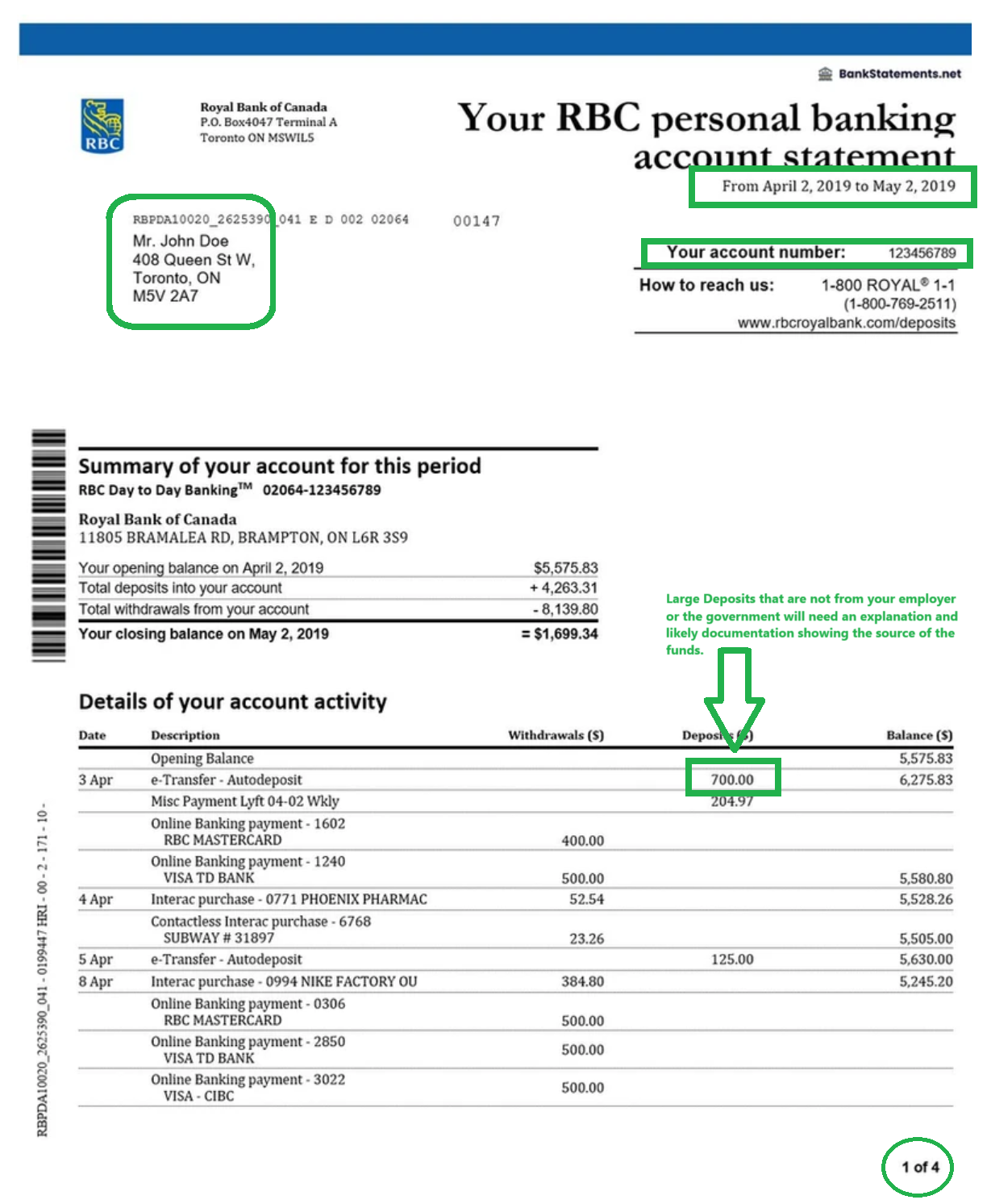 bank statement mortgage canada example
